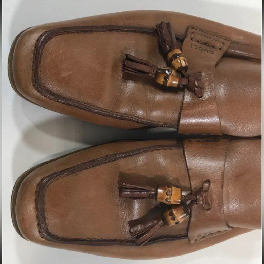 Men’s Gucci Dark Tan Leather Tassel Slip On Loafers Size 8.5D